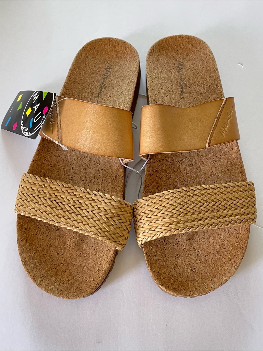 Maui and Sons Tan Braided Dual-Strap Cork Slide Sandals
